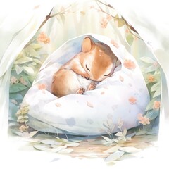 A sleepy baby squirrel in a bedding. watercolor illustration.