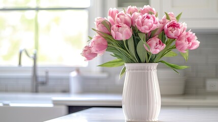 Fototapeta na wymiar A white vase full of pink flowers is sitting on counter.