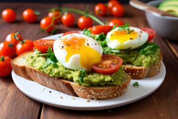 Avocado toast with eggs and roasted tomatoes.