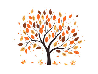Doodle Tree with falling leaves, cartoon sticker, sketch, vector, Illustration, minimalistic