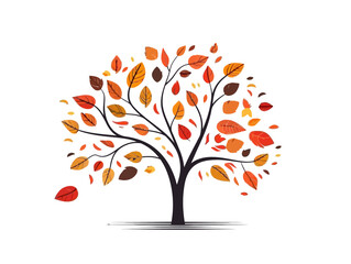 Doodle Tree with falling leaves, cartoon sticker, sketch, vector, Illustration, minimalistic