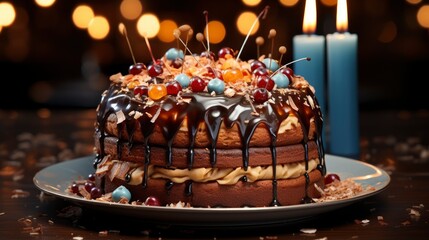 Fototapeta na wymiar High Angle Delicious Cake With Candles, Happy New Year Background, Hd Background