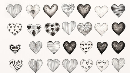 Set of black and white hearts, illustration. Collection hearts on white background, for design. Concept valentine's day, Love symbol. Pencil drawing. Complex internal pattern.