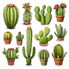The Cactus set on white background. Clipart illustrations.