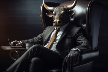 Bull like a human in suit sitting on the armchair. Trading stock market concept