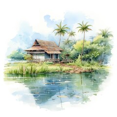 A watercolored bright serene image of a traditional bahay kubo.