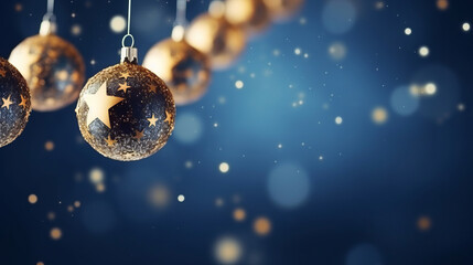 Christmas baubles stars on blue background. Copy space - obrazy, fototapety, plakaty