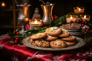 Festive cookies on rustic table. Generative AI