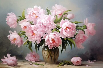 Pink peonies bouquet oil painting, digital print for printable wall art, floral background or wallpaper. Generative AI