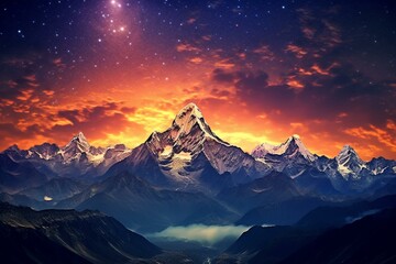 Night landscape with stunning view of the Milky Way in Nepal featuring mountains, stars, and the Himalayas. Generative AI