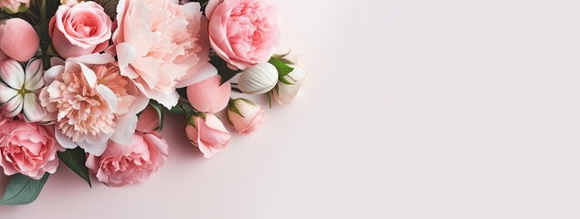 Fresh bunch of pink peonies and roses with copy space.