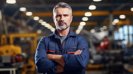 Fototapeta premium Portrait of a confident engineer that is standing with arms crossed at the modern factory