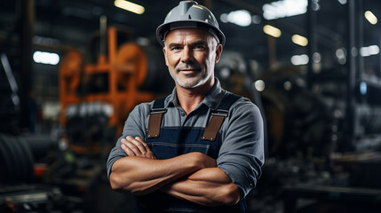 Obraz premium Portrait of a confident engineer that is standing with arms crossed at the modern factory