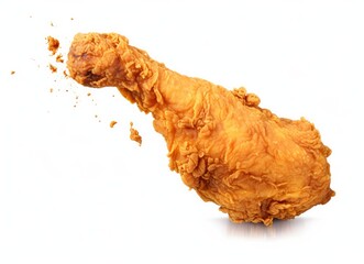 Fried chicken leg falling in the air isolated on a white background.