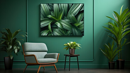 Living room design in green tones, apartment is decorated with indoor plants and picture above the chair in the style of the 60s. Ideas for interiors or photographs for magazine articles and reviews - obrazy, fototapety, plakaty