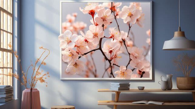A living room in soft blue shades decorated with a painting depicting Japanese cherry blossoms in bloom, idea for apartment design. Interior design or photography for articles in magazines and reviews