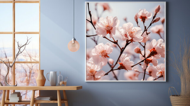 The interior of a pale blue work room, decorated with painting of cherry blossoms, apartment design. Creating projects of houses and apartments, interior design, photography for articles in magazines
