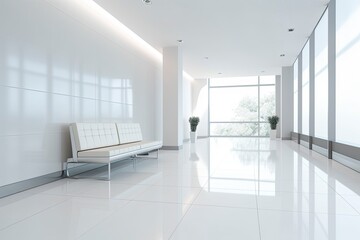 Naklejka na ściany i meble Interior design of a modern luxurious white building corridor or hallway with waiting seat.