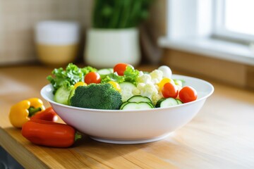 Kitchen still life with white bowl of washed vegetables on wooden desk.