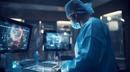 Doctor in blue coat is working in futuristic hospital - obrazy, fototapety, plakaty