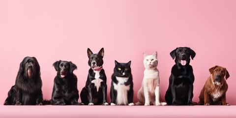 Dogs and cats lined up together for a portrait against pink wall