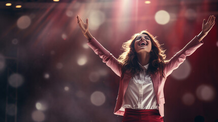 Excited woman, motivational speaker is on the stage - obrazy, fototapety, plakaty