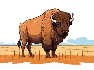 Doodle Bison in field, cartoon sticker, sketch, vector, Illustration, minimalistic