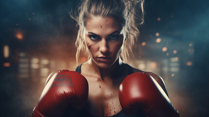 Portrait of woman that is with red boxing gloves, ready to fight - obrazy, fototapety, plakaty