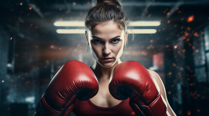 Portrait of woman that is with red boxing gloves, ready to fight