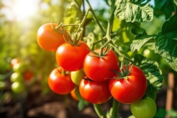 Fresh bunch of red natural tomatoes on a branch in vegetable garden.