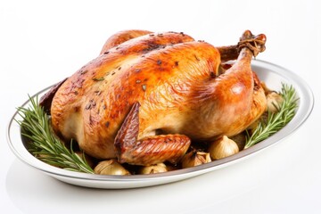 Roasted chicken on isolated white background.