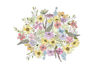 ボタニカル、パステルカラーの色とりどりの美しい花束