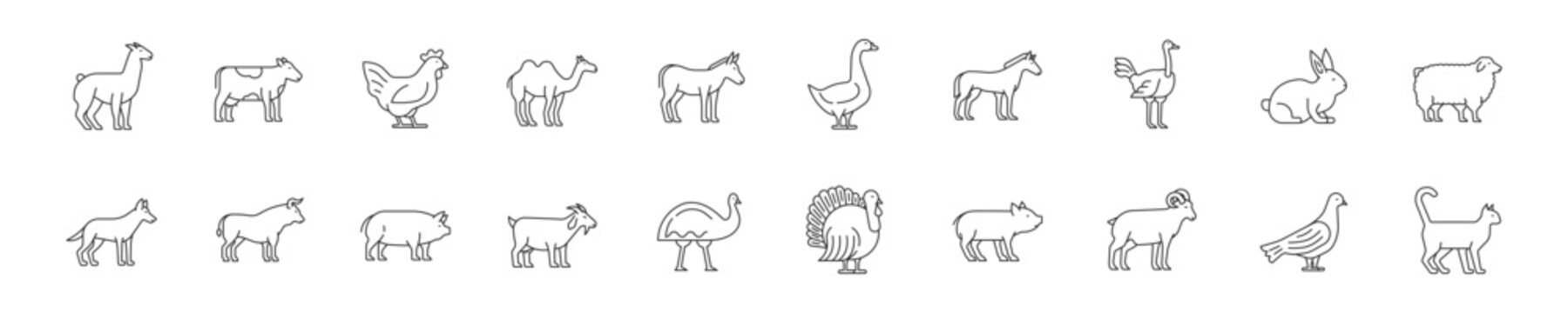 Set Of Icons With Farm Animals And Birds In Linear Style. Vector Illustration.