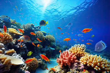 Underwater with colorful sea life fishes and plant at seabed background, Colorful Coral reef landscape in the deep of ocean. Marine life concept, Underwater world scene. - obrazy, fototapety, plakaty