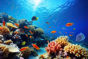 Keuken spatwand met foto Underwater with colorful sea life fishes and plant at seabed background, Colorful Coral reef landscape in the deep of ocean. Marine life concept, Underwater world scene. © TANATPON