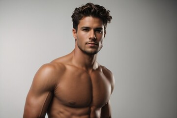 Fototapeta premium Half body portrait of attractive shirtless muscular young man against white background 
