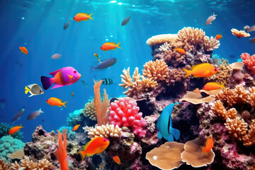 Obraz premium Underwater with colorful sea life fishes and plant at seabed background, Colorful Coral reef landscape in the deep of ocean. Marine life concept, Underwater world scene.