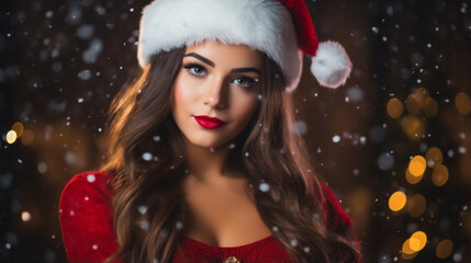 A young woman dresses in a Christmas costume for the Christmas festival. 