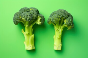 Two broccoli pieces arranged on background.