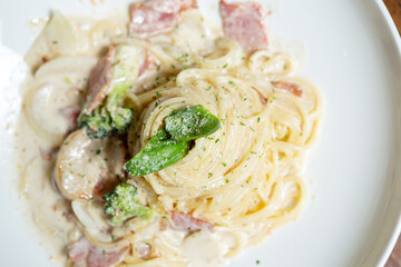 Bacon cream sauce pasta on a plate