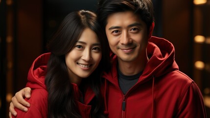 Happy Asian Couple Red Casual Attire Showing Number, Happy New Year Background, Hd Background