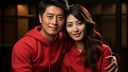 Happy Asian Couple Red Casual Attire Showing Number, Happy New Year Background, Hd Background