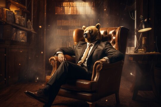 Bear like a human in suit sitting on the armchair. Trading stock market concept