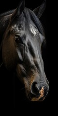Portrait of a horse on a black background, close-up