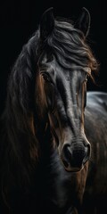 Portrait of a beautiful black horse on a black background in the studio