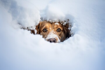Dog in the snow looks out of the hole in the snow. - obrazy, fototapety, plakaty