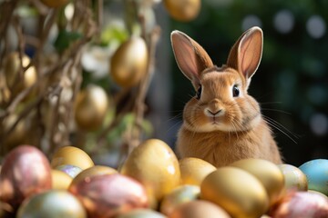 Fototapeta na wymiar Cute Easter bunny and colorful eggs on blurred background, closeup