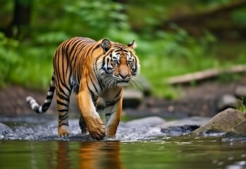 Obraz premium Amur tiger walking in the water. Dangerous animal. Animal in a green forest stream.