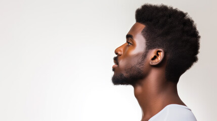 Side view. Young handsome muscled African man posing isolated over white background. Concept of beauty, cosmetics, spa, well kept skin. Copy space for ad, design - Powered by Adobe