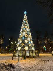A Christmas tree decorated with neon garlands stands on the square in winter in the city